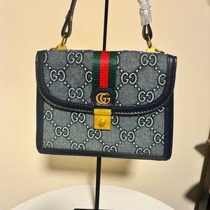 Gucci Denim GG Supreme Satchel with Green-Red Web and Navy Trim